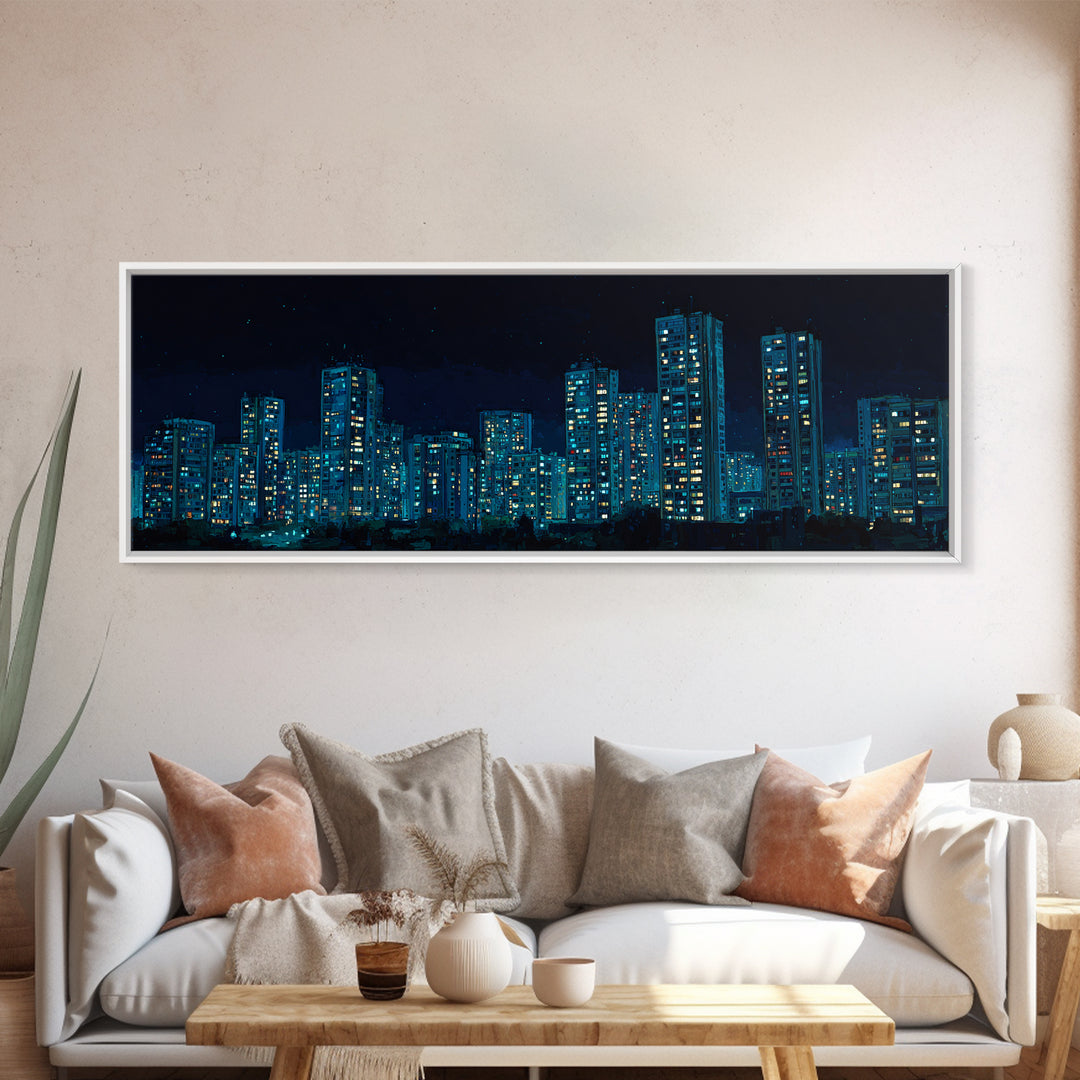 Blue Neon Night Skyline Canvas Print, Modern Cityscape Wall Art, Urban Skyscraper Poster, Contemporary Apartment Living Room Decor