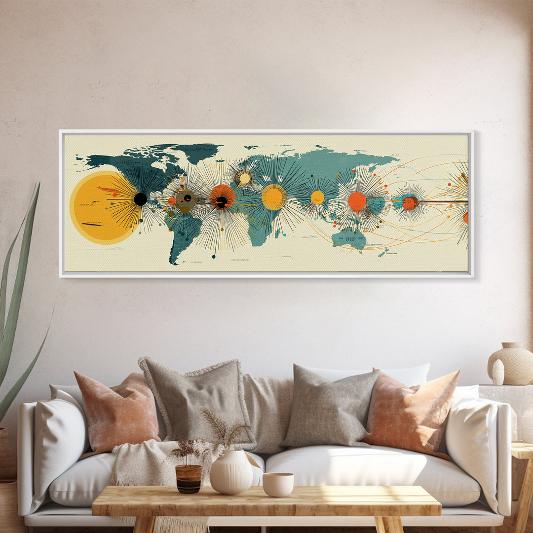 Solar System World Map Wall Art, Midcentury Modern Space Poster, Retro Planetary Lines Framed Canvas Print, Office Decor