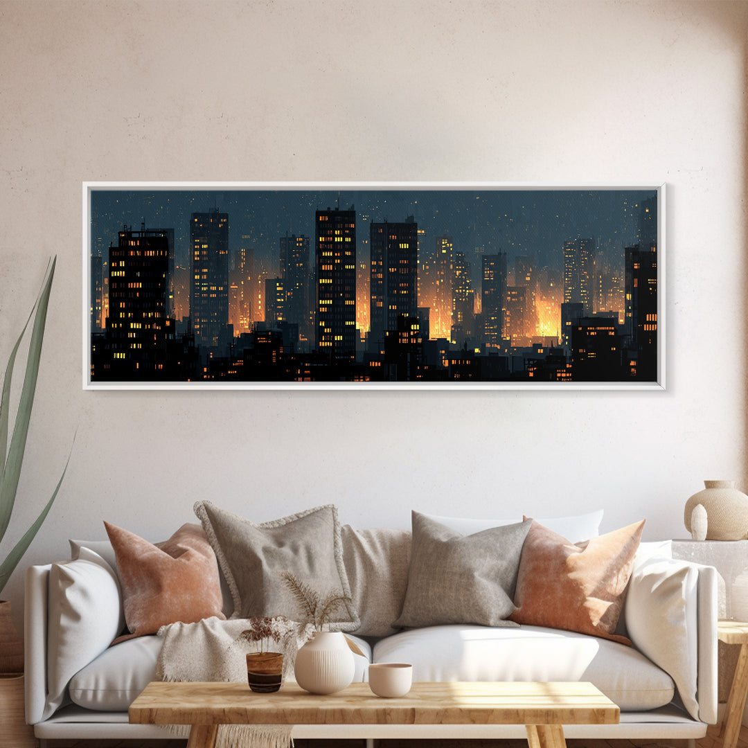 Rainy Night City Silhouette Wall Art, Moody Urban Skyline Print, Modern Skyscraper Lights Poster, Industrial Office Decor