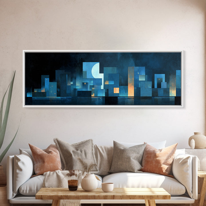 Blue Moon Geometric City Skyline Wall Art, Midcentury Modern Art Print, Abstract Urban Night Decor, MCM Living Room Poster