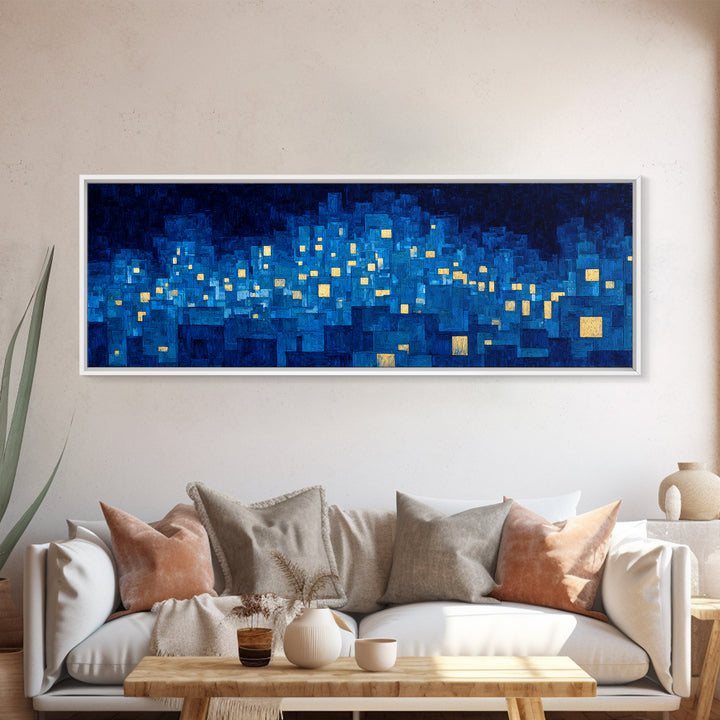 Mosaic Blue City Night Wall Art, Modern Abstract Art Print, Urban Skyline Lights, MCM Wall Decor, Large Living Room Artwork