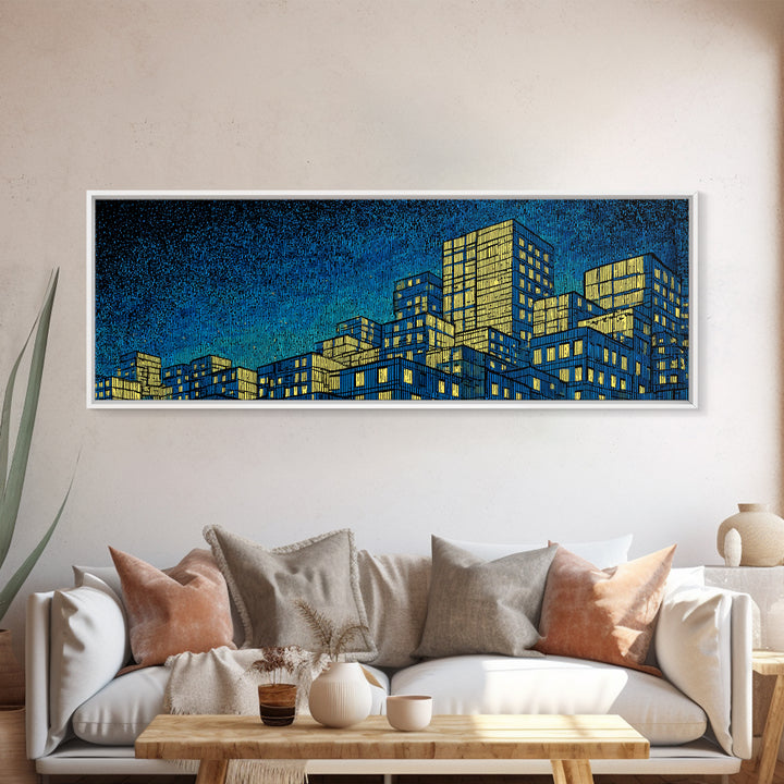 Yellow Blue Skyscraper Skyline Framed Canvas Print, Modern Wall Art, Architectural Cityscape Poster, Office Decor For Loft