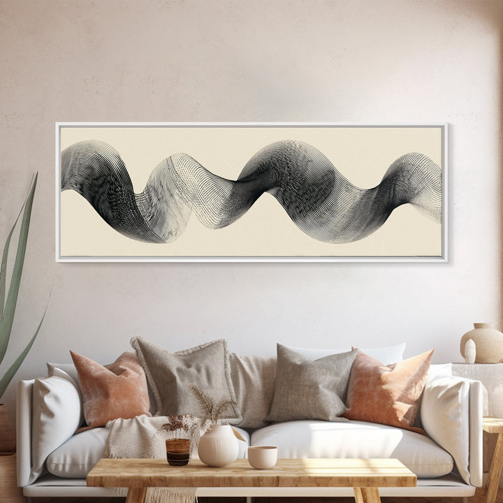 Black Ink Sine Wave Framed Canvas Print, Minimalist Abstract Wall Art, Modern Geometric Line Poster, Neutral Office Decor