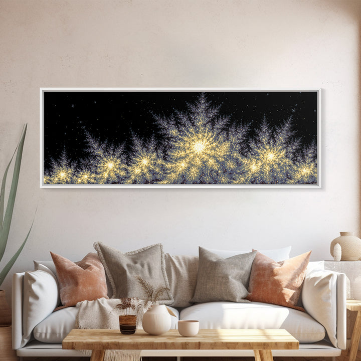 Golden Sparkling Tree Line Wall Art, Panoramic Winter Night Poster, Modern Abstract Art Print, Festive Metallic Home Decor