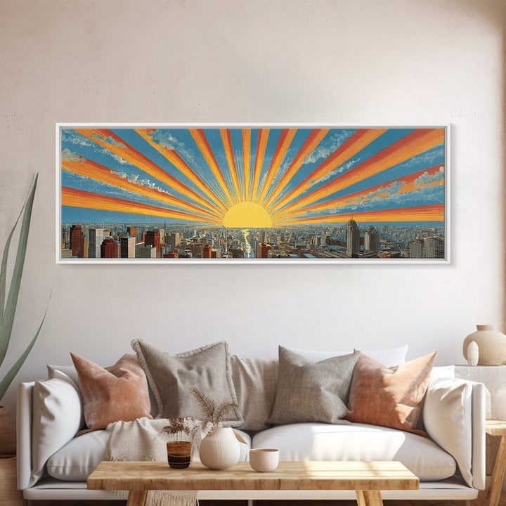 Radiant Sunrise City Skyline Framed Canvas Print, Panoramic Retro Travel Poster, Midcentury Modern Wall Art, Bright Home Decor