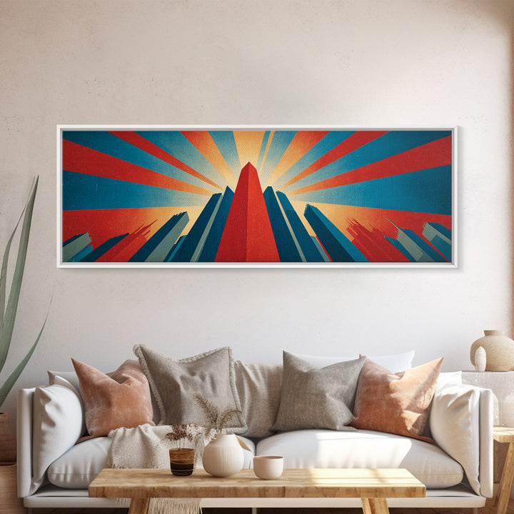 Dramatic Art Deco Skyscraper Wall Art, Panoramic Sunburst City Poster, Retro Modern Art Print, Bold Office Wall Decor Gift