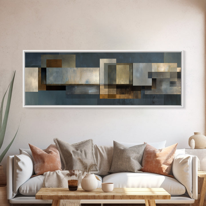 Moody Metallic Rectangle Canvas Print, Modern Abstract Wall Decor, Industrial Geometric Art, Blue Gold Home Office Artwork