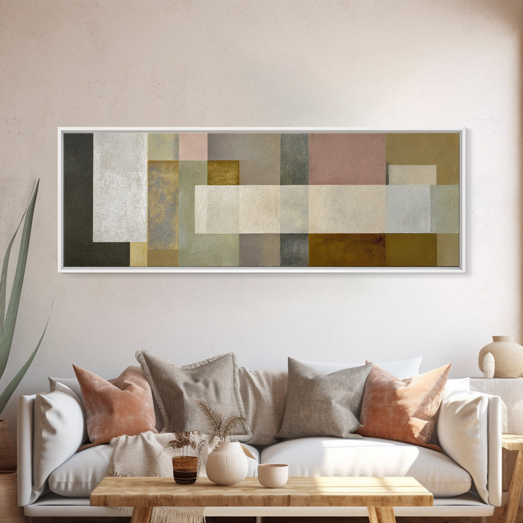 Neutral Muted Rectangle Canvas Print, Midcentury Modern Abstract Wall Decor, Beige Gray MCM Art, Minimalist Living Room Print