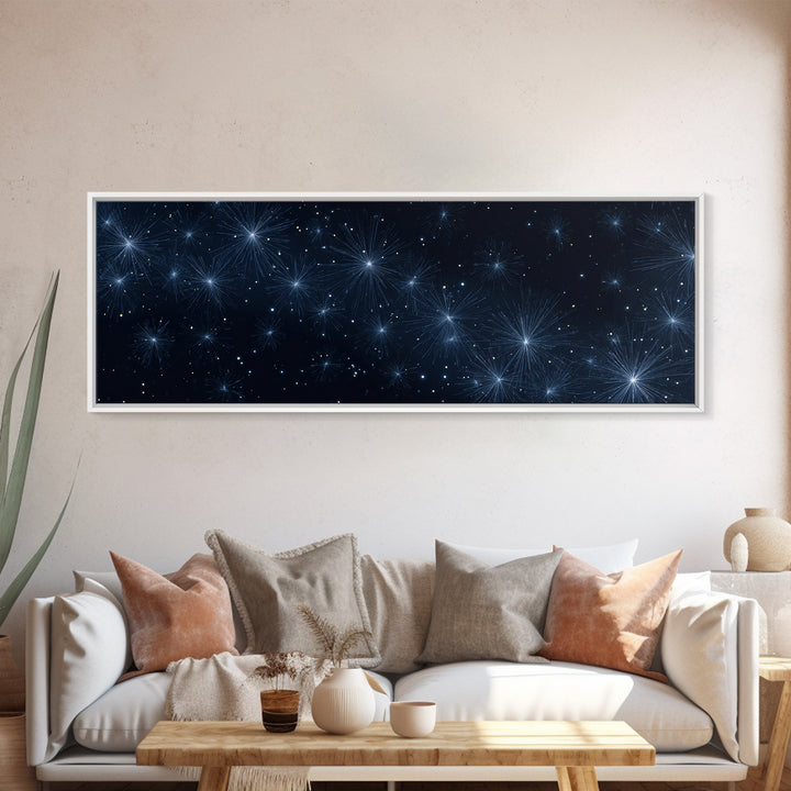 Deep Blue Starburst Night Wall Art, Cosmic Modern Abstract Print, Celestial Space Decor, Navy Bedroom And Home Office Canvas Gift