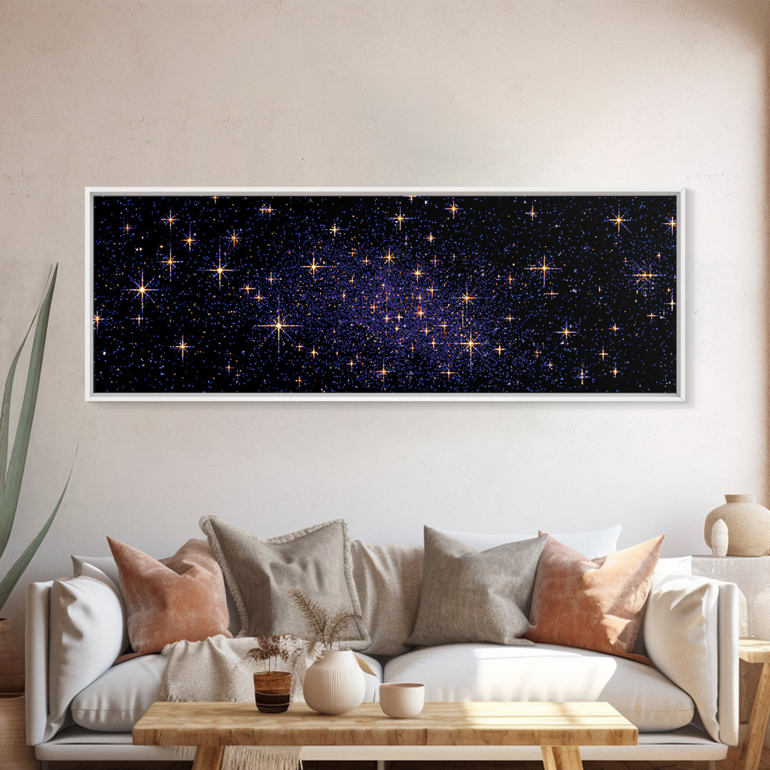 Golden Star Field Canvas Print, Cosmic Modern Wall Art, Navy Celestial Space Poster, Elegant Bedroom Home Office Decor Gift