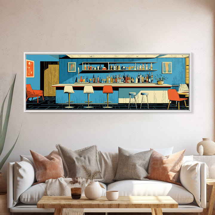 Blue Midcentury Cocktail Bar Wall Art, Retro Lounge Poster, Modern Home Decor, Framed Canvas Print, Bar Cart Wall Decor Gift