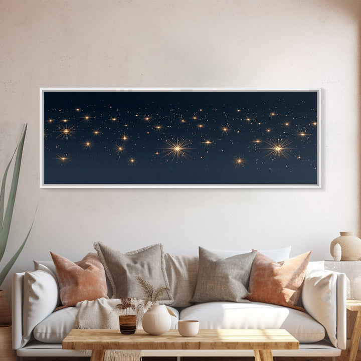 Warm Gold Starry Night Canvas Print, Cosmic Modern Wall Art, Navy Celestial Space Decor, Elegant Bedroom And Home Office Poster Gift