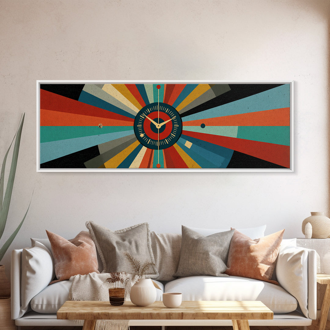 Atomic Clock Sunburst Wall Art, Midcentury Modern Canvas, Retro Geometric Poster, MCM Home Decor, Panoramic Abstract Print