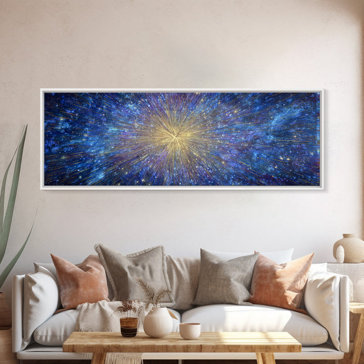 Blue Gold Cosmic Starburst Canvas Print, Space Abstract Wall Decor, Modern Digital Art, Galaxy Light Speed Panoramic Poster