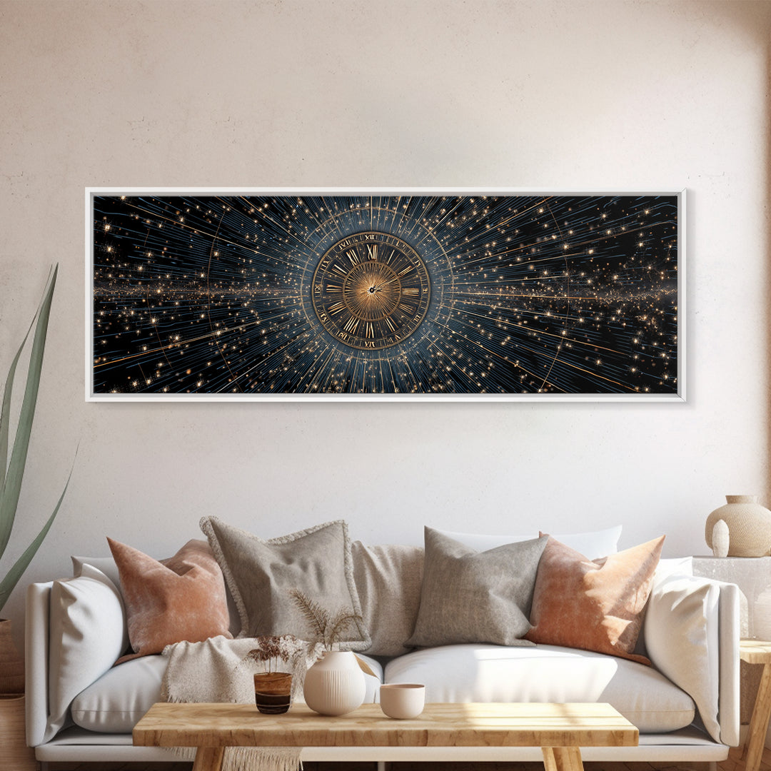 Celestial Clock Time Warp Wall Art, Gold Blue Cosmic Abstract Poster, Modern Space Decor, Panoramic Galaxy Artwork Print