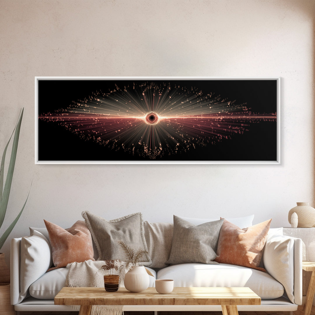 Red Black Hole Particle Burst Framed Canvas Print, Cosmic Retro Wall Art, Modern Abstract Art Print, Dark Space Decor Poster
