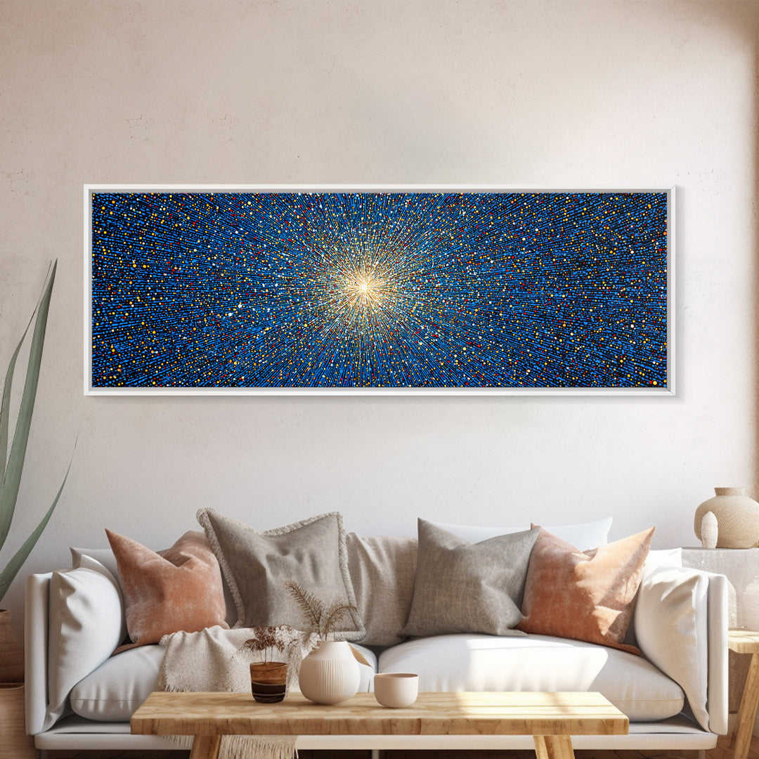 Blue Orange Pixel Particle Burst Canvas Print, Modern Abstract Art, Digital Art Print, Retro Sci Fi Wall Decor, Space Poster