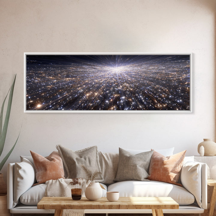 Silver Sparkling Starfield Wall Art, Modern Cosmic Canvas Print, Space Abstract Art, Panoramic Poster, Living Room Decor