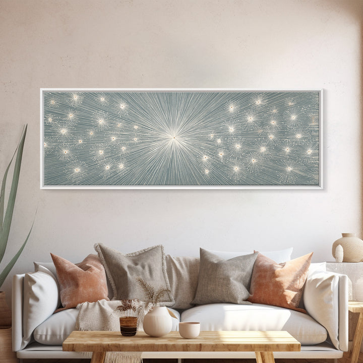 Radiant Silver Starburst Dotted Abstract Wall Art, Midcentury Modern Art Print, Atomic Retro Office Decor, Large Canvas Print