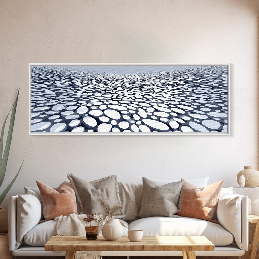 Blue White Pebble Horizon Perspective Canvas Print, Abstract Wall Art, Modern Geometric Decor For Office And Living Room