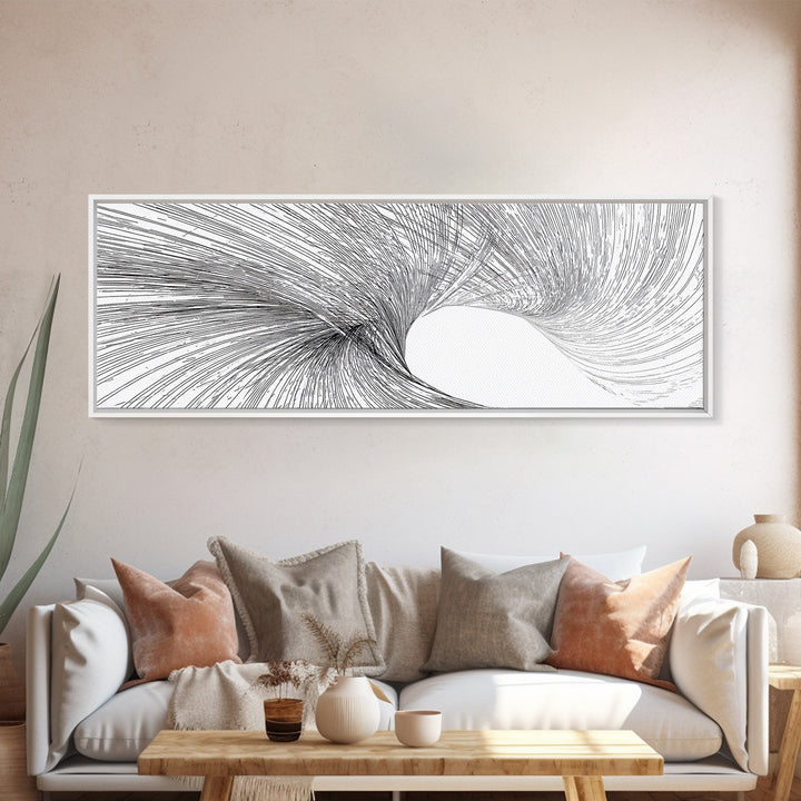 Black White Vortex Wave Line Art Canvas Print, Modern Abstract Wall Art, Minimalist Geometric Decor For Living Room And Office