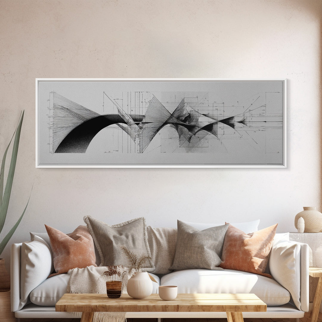 Monochrome Architectural Arcs And Lines Wall Art, Midcentury Modern Abstract Print, Black White Office Decor, Framed Canvas Print