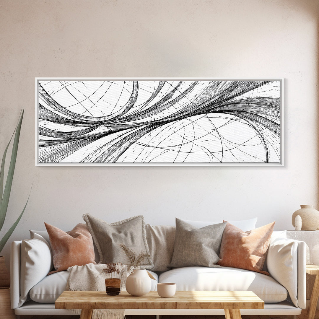 Sweeping Black White Ellipse Line Canvas Print, Modern Abstract Wall Art, Minimalist Geometric Office And Home Decor Print