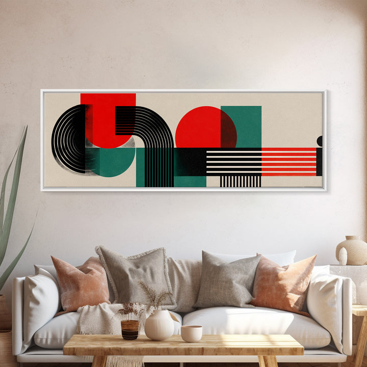 Bauhaus Red Teal Geometric Shapes Framed Canvas Print, Midcentury Modern Wall Art, Atomic Retro Home Decor, Bold Colorblock Art Print