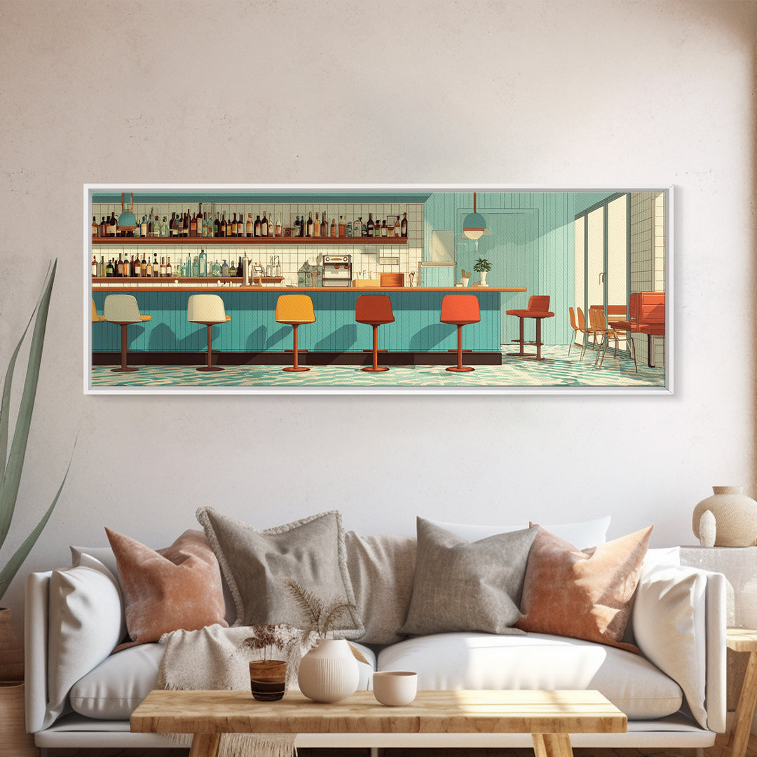 Sunlit Teal Bar With Orange Stools Framed Canvas Print, Mid Century Modern Decor, Retro Wall Art, Kitchen Poster, Large Prints