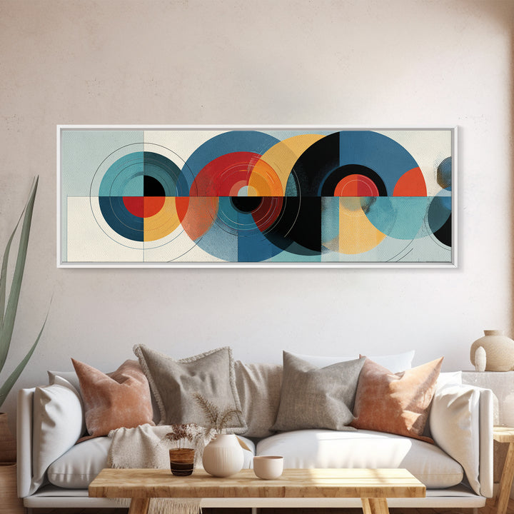 Retro Teal Red Yellow Circle Wall Art, Midcentury Modern Art, Bauhaus Geometric Poster, Colorful MCM Wall Decor, Framed Canvas Print