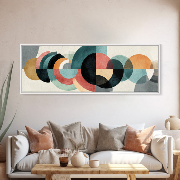 Layered Teal Coral Mustard Circle Wall Art, Midcentury Modern Abstract Art, Bauhaus Geometric Decor, Framed Canvas Print