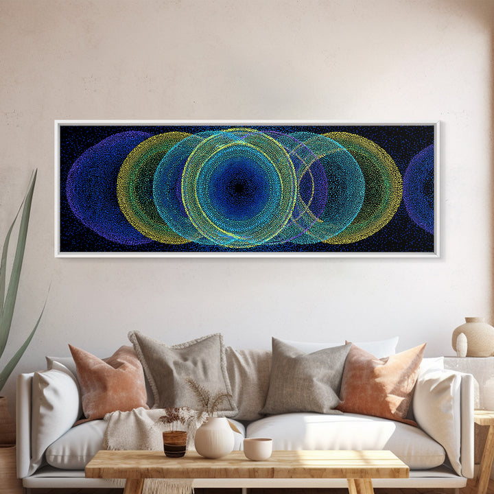 Neon Blue Green Overlapping Circles Canvas Print, Modern Abstract Art, Retro Geometric Wall Decor, Colorful Office Wall Art