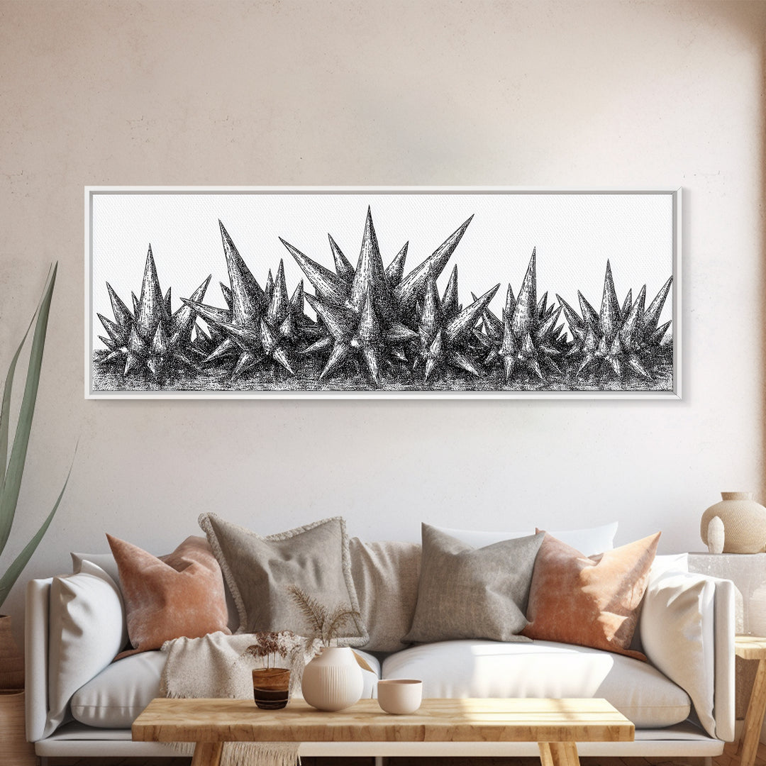 Black Spiky Crystal Landscape Wall Art, Minimalist Abstract Line Art, Monochrome Modern Wall Decor, Framed Canvas Print Gift
