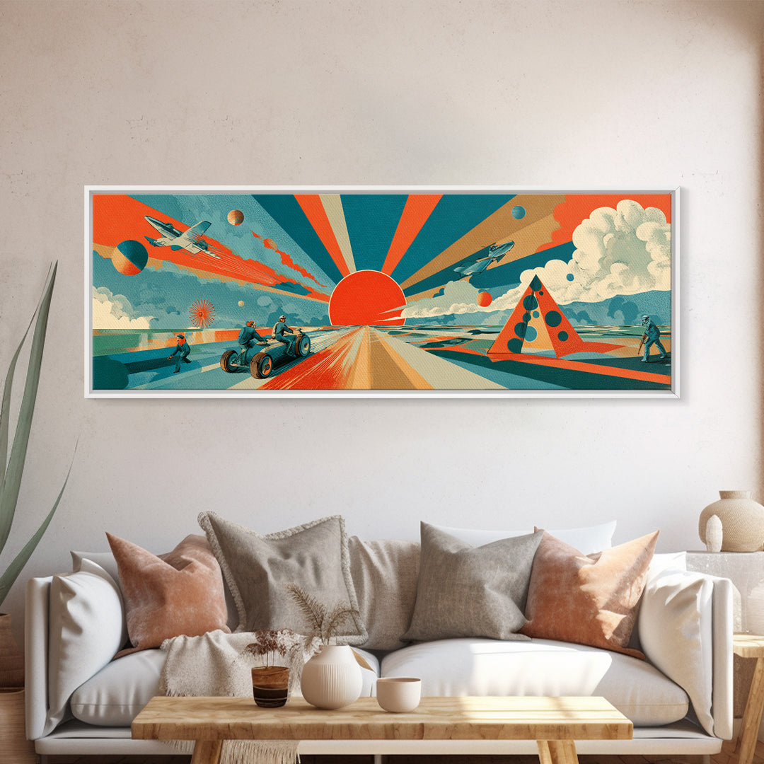 Retro Futurist Desert Sunrise With Jets And Rover Wall Art, Midcentury Modern Space Poster, Atomic MCM Decor, Sci Fi Print