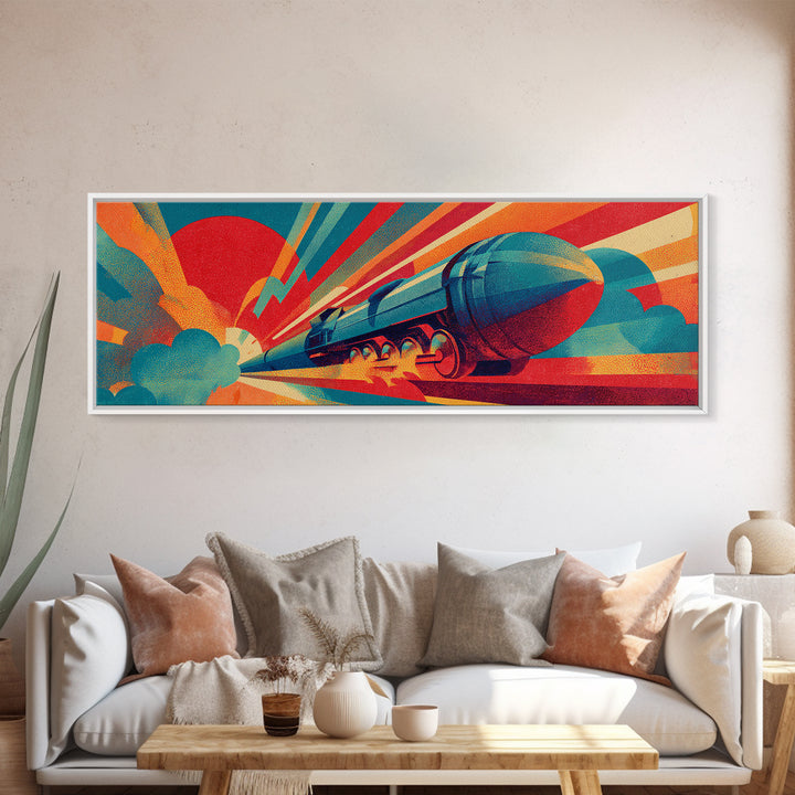 Streamlined Rocket Train Racing Past Red Sun Canvas Print, Midcentury Modern Art, Retro Futuristic Rail Poster, MCM Wall Decor