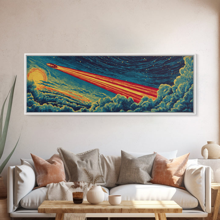 Rocket Blazing Through Night Clouds Framed Canvas Print, Midcentury Modern Space Art, Retro Sci Fi Poster, Cosmic Wall Decor