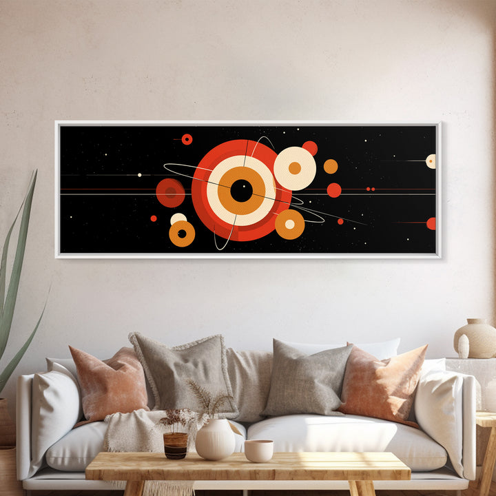 Black Space Abstract With Orange Orbit Circles Wall Art, Midcentury Modern Geometric Print, Atomic MCM Poster, Retro Decor