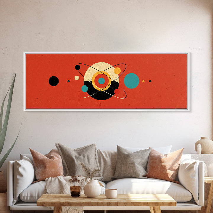 Red Atomic Abstract With Orbiting Circles Canvas Print, Midcentury Modern Wall Art, Geometric MCM Poster, Retro Home Decor