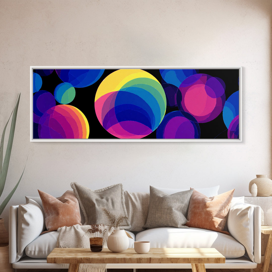 Colorful Overlapping Bubble Circles On Black Wall Art, Modern Abstract Art Print, Midcentury Pop Decor, Retro Geometric Poster