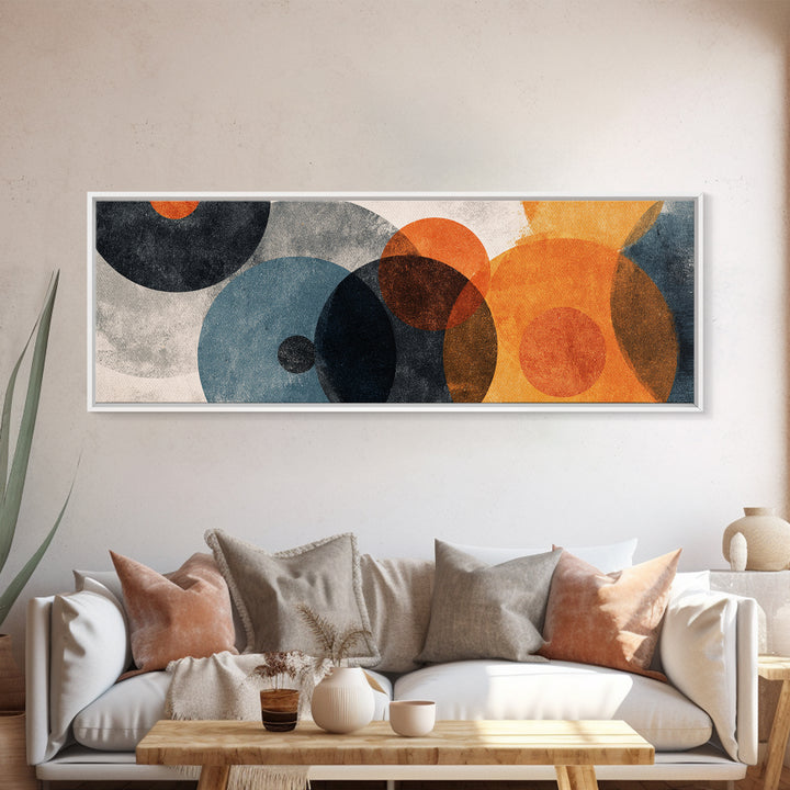 Textured Overlapping Gray Blue And Orange Circles Canvas Print, Modern Abstract Wall Art, Geometric MCM Decor, Neutral Poster
