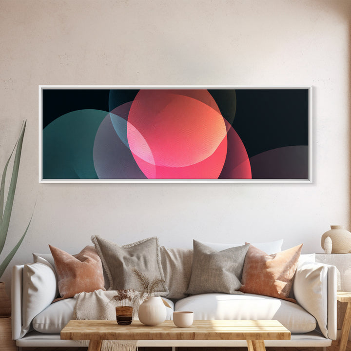 Glowing Translucent Neon Circles On Dark Framed Canvas Print, Modern Abstract Wall Art, Geometric Poster, Colorful Decor