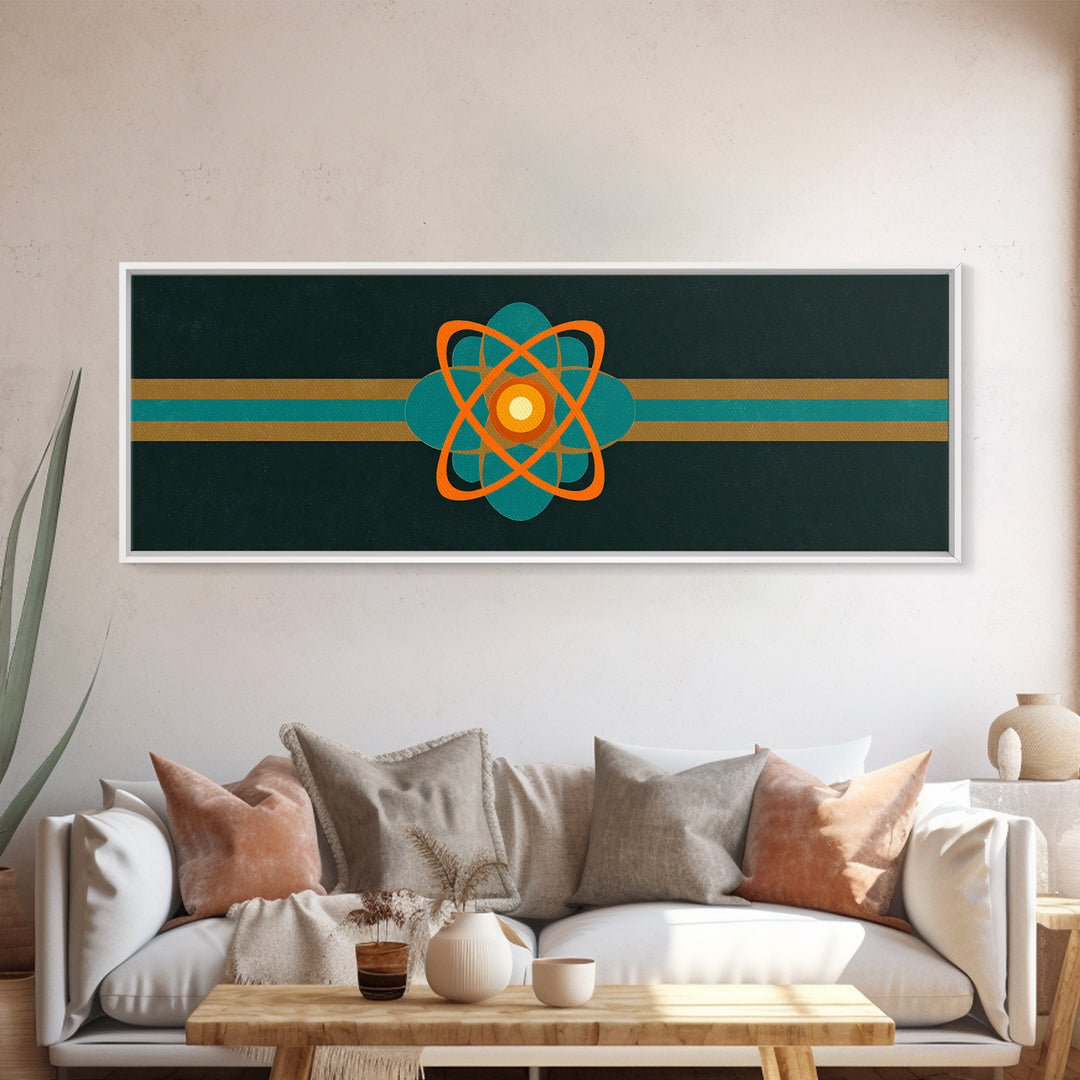 Orange And Teal Atomic Symbol Wall Art, Mid Century Modern Decor, Retro Sci Fi Poster, Space Abstract Art, Modern Art Print