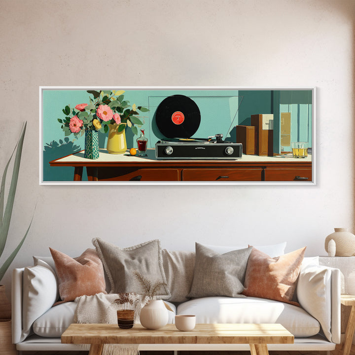 Teal Vinyl And Flower Console Canvas Print, Mid Century Modern Wall Decor, Record Player Art Print, Retro Living Room Decor