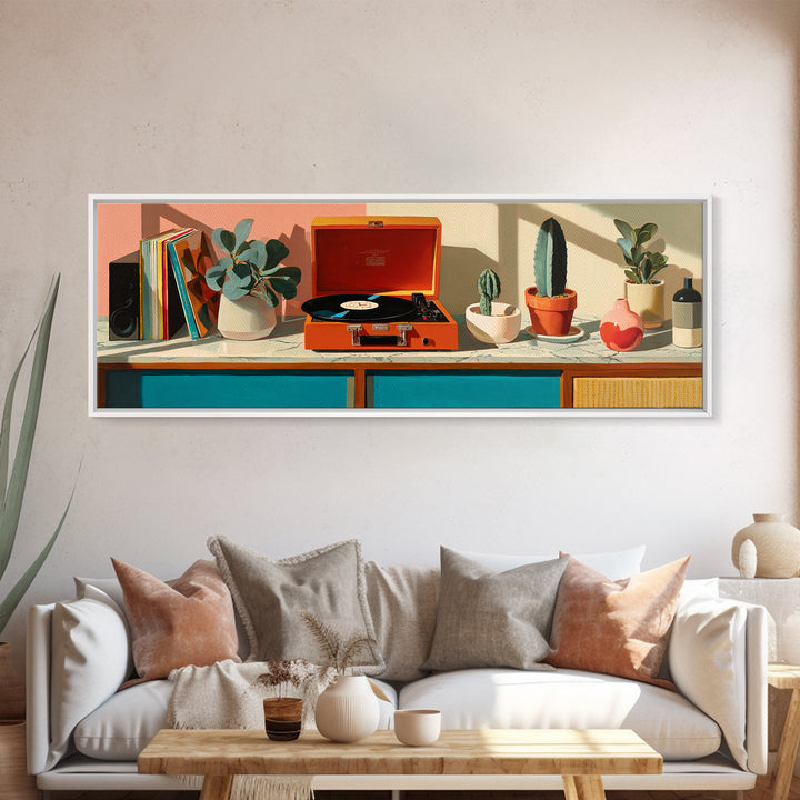 Orange Portable Record Player Wall Art, Mid Century Modern Shelf Decor, Cactus Vinyl Print, Retro Music Room Home Decor Poster