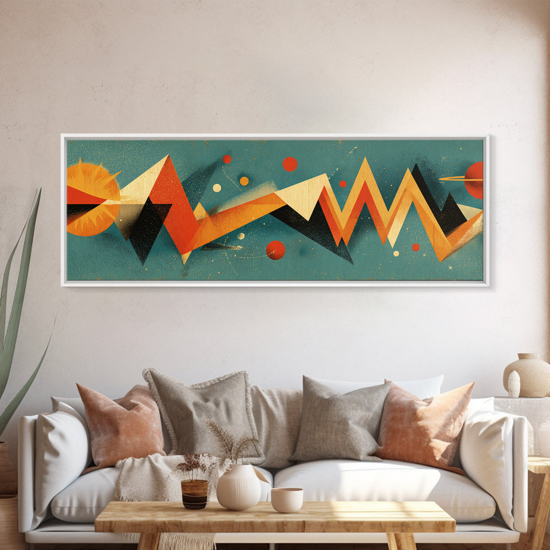 Atomic Sun Zigzag Abstract Wall Art, Mid Century Modern Geometric Print, Orange Teal Retro Decor, Bauhaus Inspired Poster