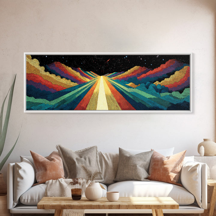 Cosmic Rainbow Mountain Road Canvas Print, Mid Century Modern Space Landscape Art, Retro Sci Fi Wall Decor, Colorful Poster