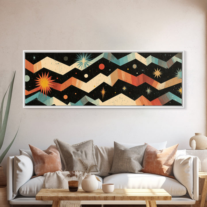 Starry Zigzag Space Abstract Canvas Print, Mid Century Modern Atomic Art, Retro Geometric Wall Decor, Colorful Cosmic Poster