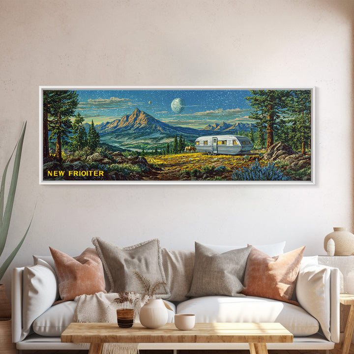 New Frontier Camper Mountain Canvas Print, Retro Travel Wall Art, Midcentury Modern Landscape Poster, Rustic Cabin Decor Gift