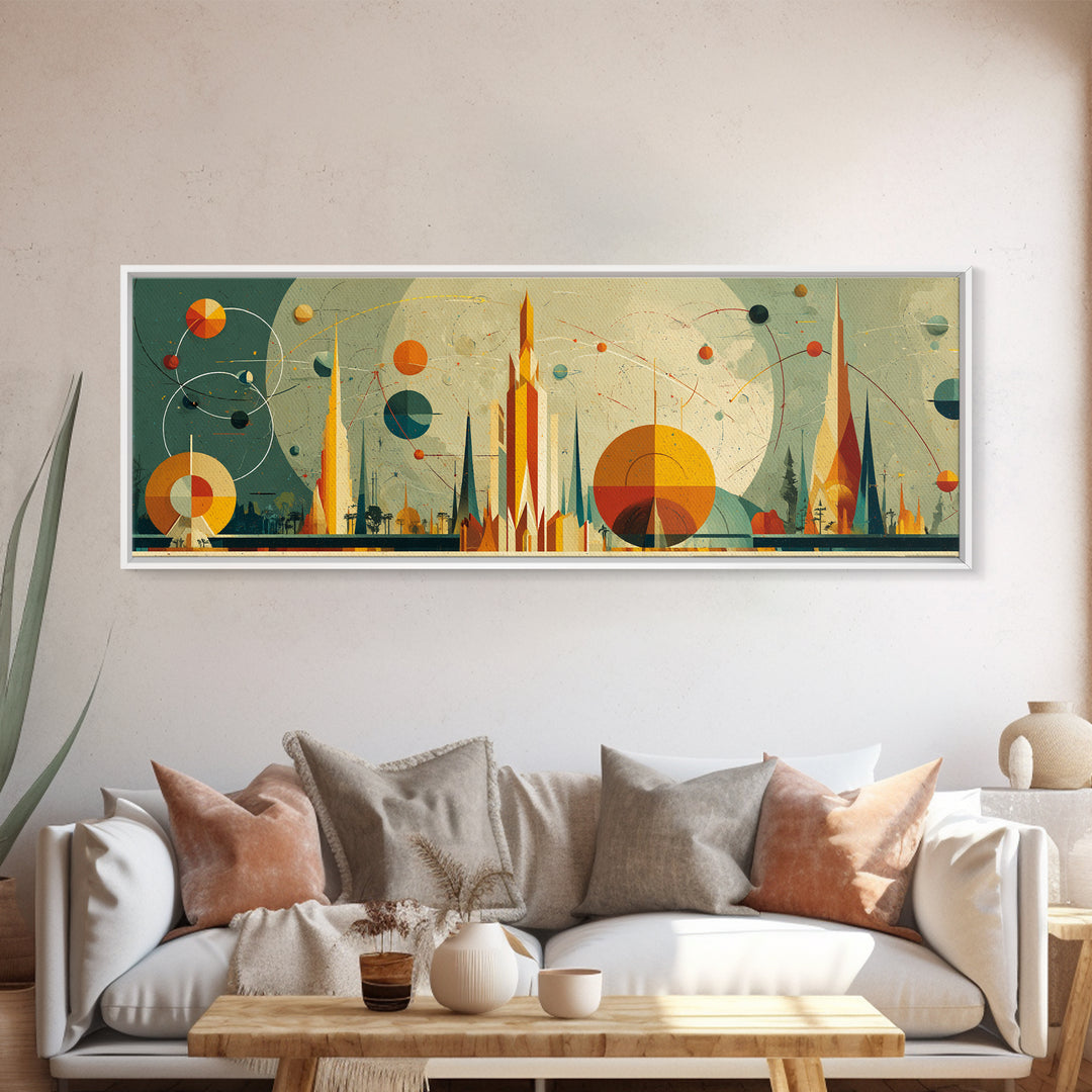 Atomic Future City Skyline Wall Art, Midcentury Modern Abstract Print, Retro Space Age Decor, Orange Blue Geometric Poster
