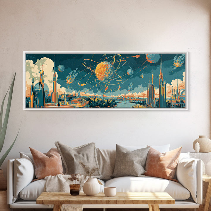 Retro Futuristic Space City Canvas Print, Atomic Planet Wall Art, Midcentury Modern Skyline Poster, Sci Fi Office Decor Gift